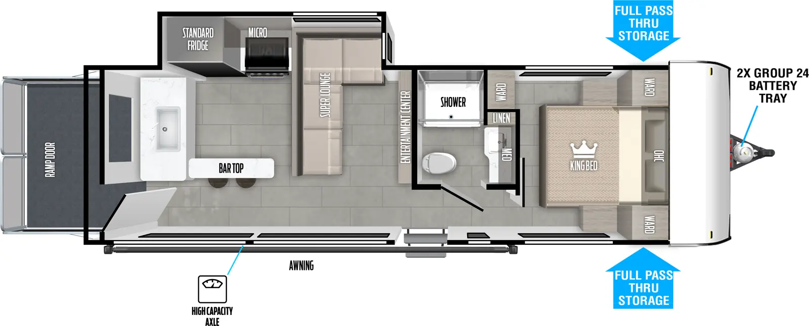 The Salem FSX 269VCVIEW floorplan is a toy hauler that has one entry and one slide out. Exterior features include: fiberglass exterior. Interiors features include: front bedroom.